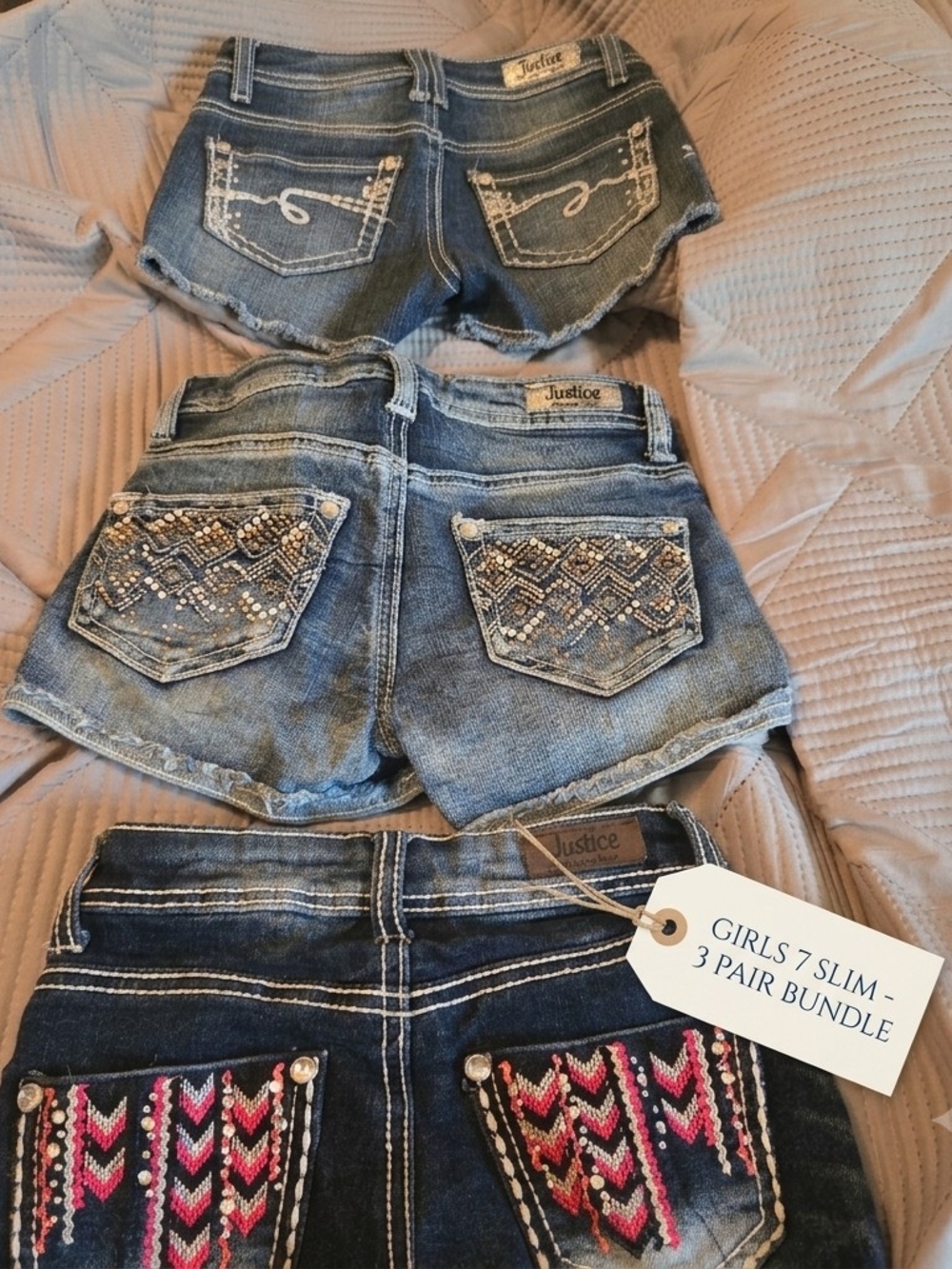 Justice Girls Denim Shorts Trio - Blue with Pink Embroidery
